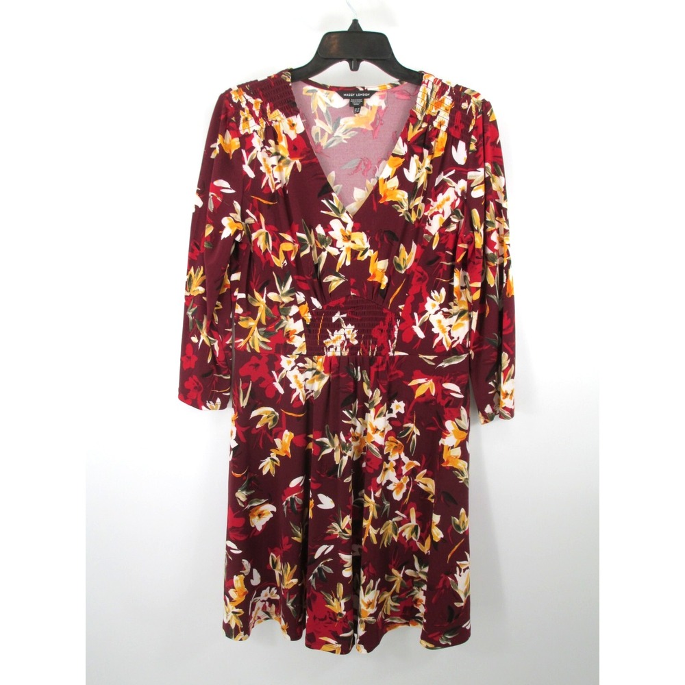 Maggy London Midi Fit & Flare Dress Womens 10 Burgundy Floral Cottagecore V-Neck